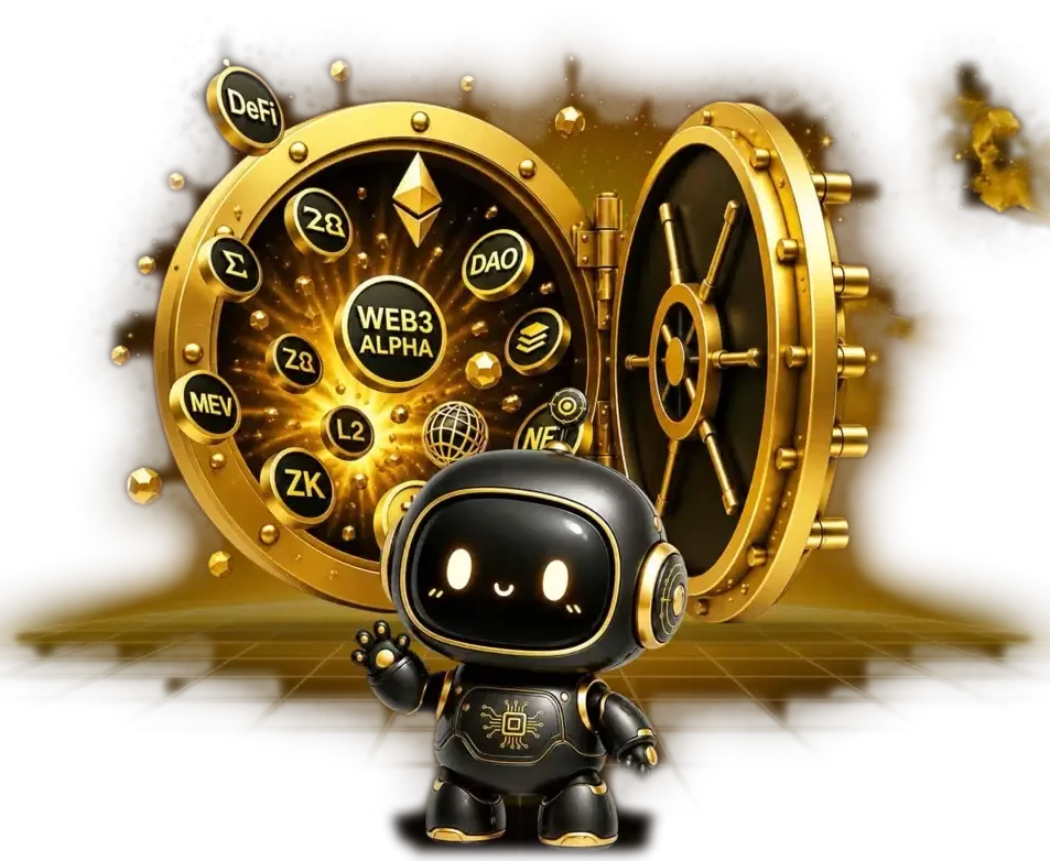 An open gold Alpha Vault door revealing Web3 tokens — DeFi, DAO, L2, ZK, NFT — with the Alpha Vault robot mascot standing in front.